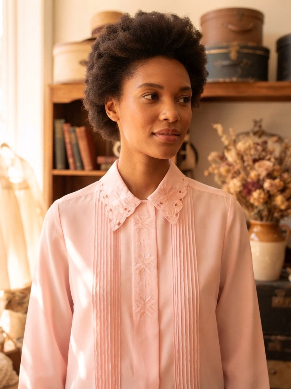 Vintage Pink Embroidered Collar Blouse